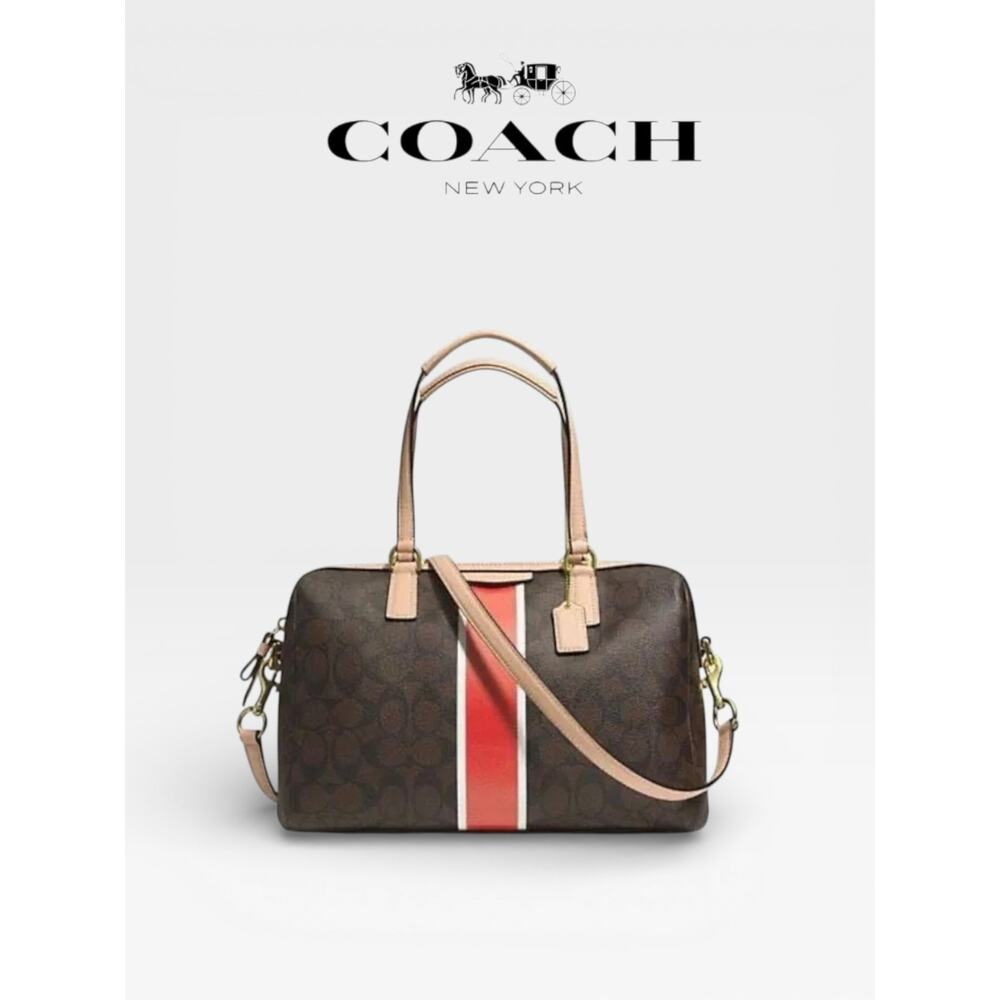 NWT Coach SS Nancy Satchel Brown Black Logo Handbag Coated Canvas Leather